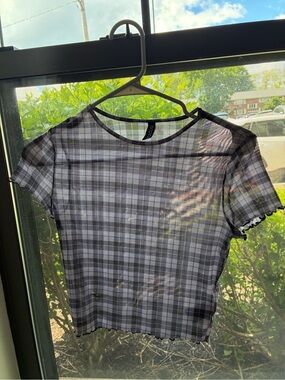 Sheer Black and Purple Plaid Short Sleeve Top